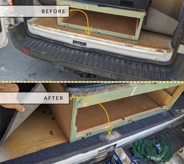 DIY CAMPER VAN CONVERSION AUTOMOTIVE CARPET ON BACK FLOOR TRANSITION