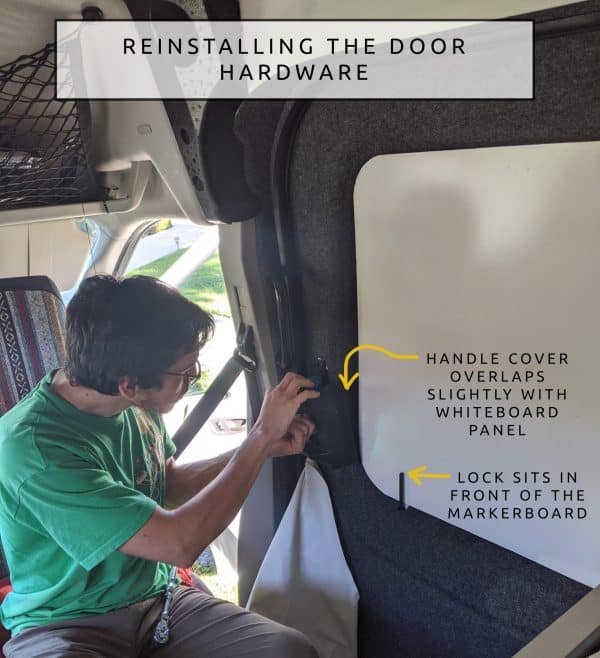 DIY CAMPER VAN CONVERSION sliding door REINSTALLING THE LOCK HARDWARE DOOR COVER