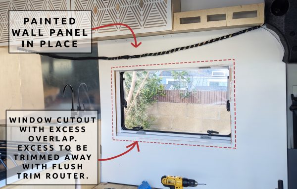 Wall Paneling around Flush Trim Router Window DIY Camper Van Conversion